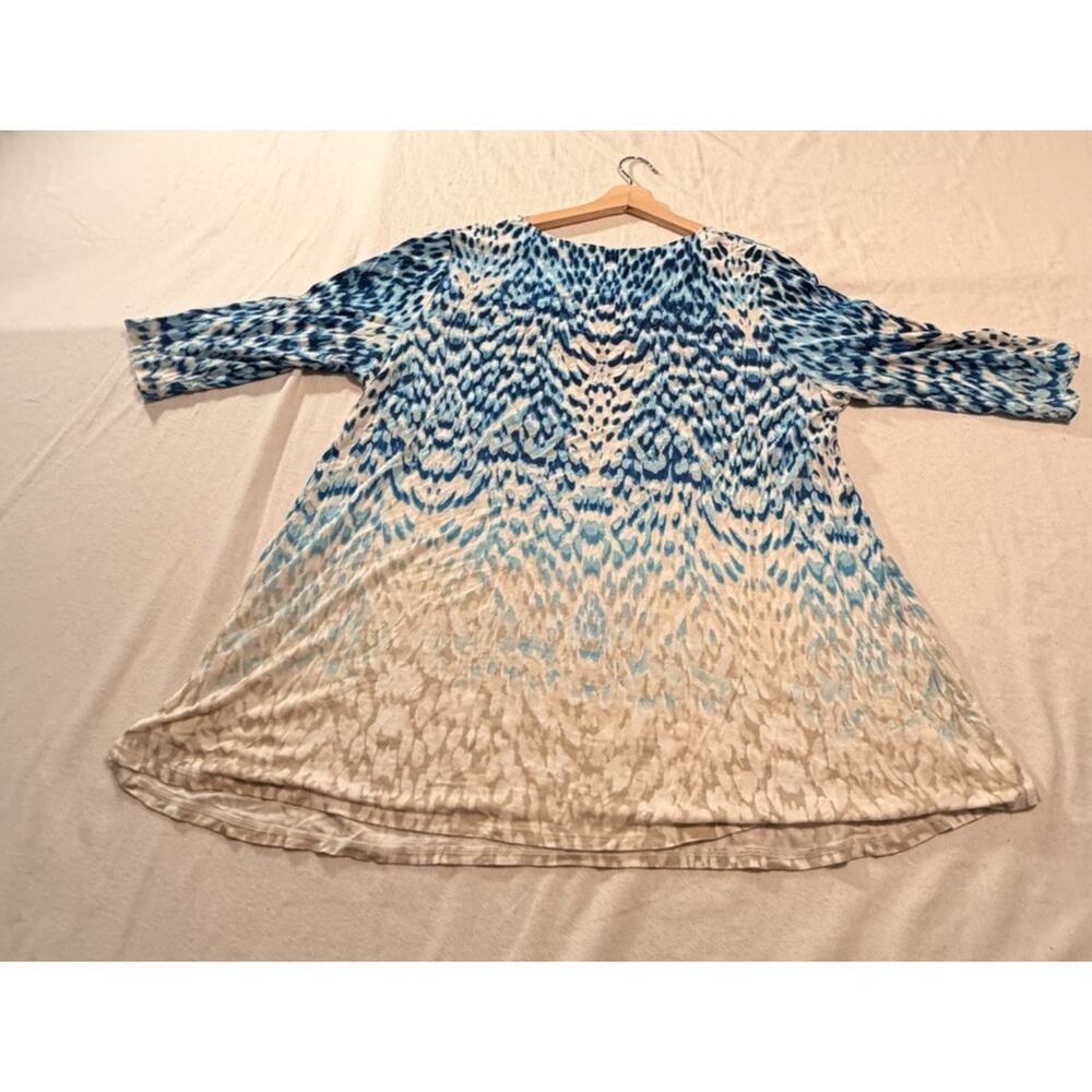 Chico's Blue Beige Geometric Tunic Blouse Rayon 3/4 Sleeve Round Neck Size 3 - Picture 9 of 10